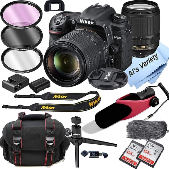 Nikon D7500 DSLR Camera Kit with 18-140mm VR Lens Built-in Wi-Fi20.9 MP CMOS Sensor 128Gb Memory Shotgun Condenser Micro Phone 18pc Bundle(International Model)
