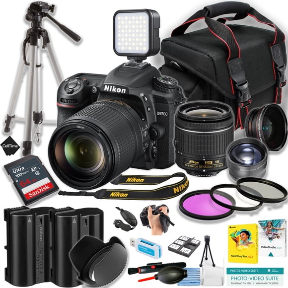 Nikon D7500 DSLR Camera w/AF-P 18-55mm lens + 64GB SanDisk Ultra Memory Card + 50 Inch Tripod + Spare High Copacity Battery + More (18pc Bundle)