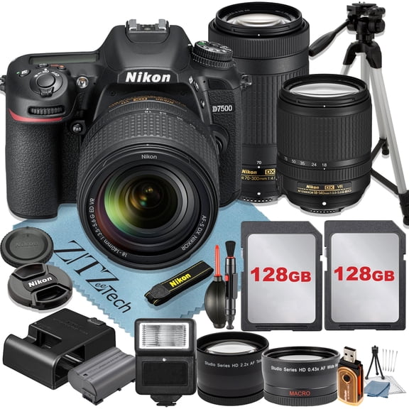 Nikon D7500 DSLR Camera with 18-140mm + 70-300mm Lens + 2 Pcs 128GB Memory Cards + Tripod + Wideangle + Flash + ZeeTech Accessory Bundle (International Version)