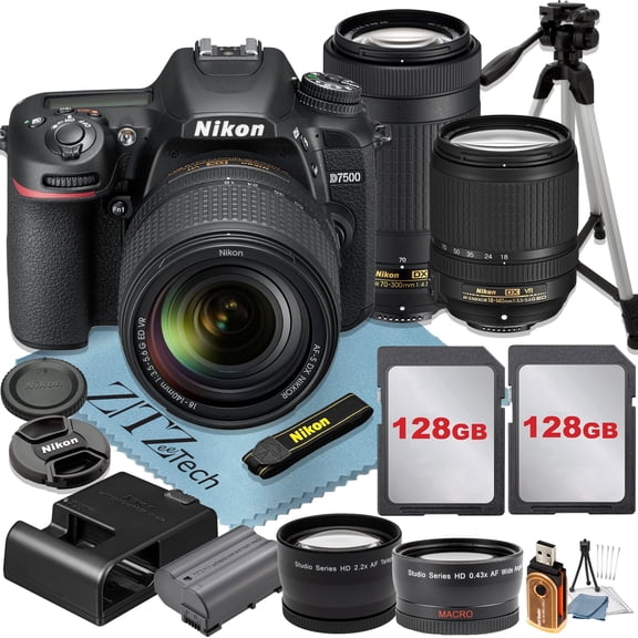 Nikon D7500 DSLR Camera with 18-140mm + 70-300mm Lens + 2 Pcs 128GB Memory Cards + Tripod + Wideangle + ZeeTech Accessory Bundle (International Version)