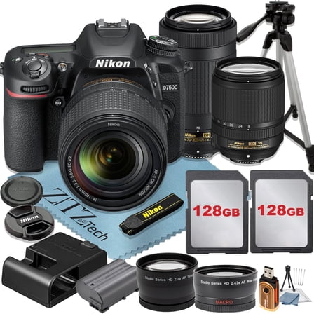 Nikon D7500 DSLR Camera with 18-140mm + 70-300mm Lens + 2 Pcs SanDisk 128GB Memory Cards + Tripod + Wideangle + ZeeTech Accessory Bundle