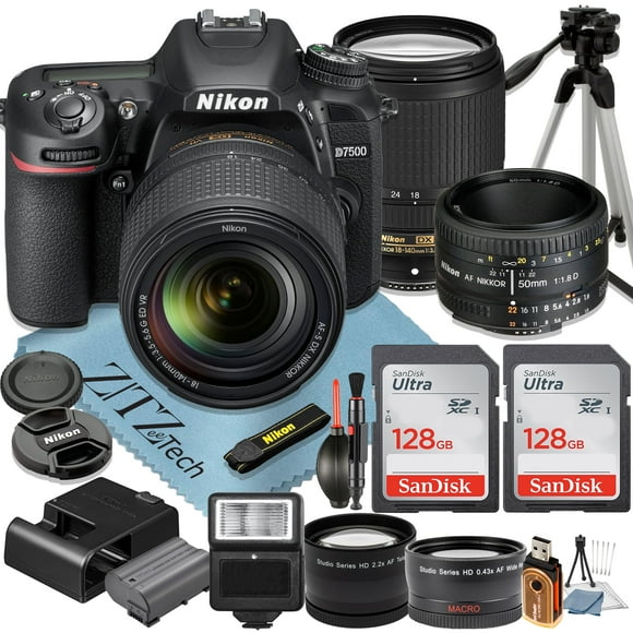 Nikon D7500 DSLR Camera with 18-140mm + AF FX 50mm Lens + 2 Pcs SanDisk 128GB Memory Cards + Tripod + Wideangle + Flash + ZeeTech Accessory Bundle