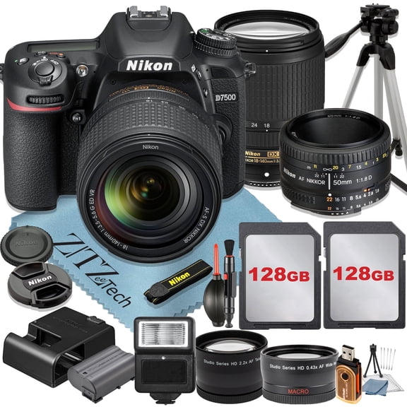Nikon D7500 DSLR Camera with 18-140mm + AF FX 50mm Lens + 2 Pcs 128GB Memory Cards + Tripod + Wideangle + Flash + ZeeTech Accessory Bundle (International Version)