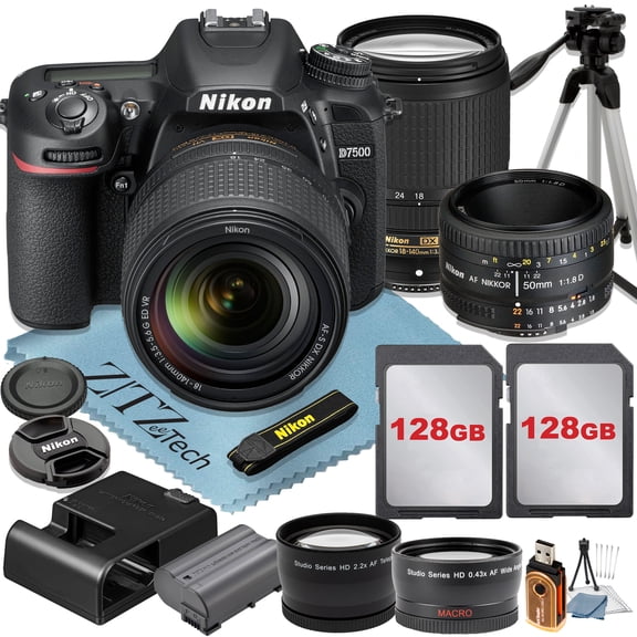 Nikon D7500 DSLR Camera with 18-140mm + AF FX 50mm Lens + 2 Pcs 128GB Memory Cards + Tripod + Wideangle + ZeeTech Accessory Bundle (International Version)