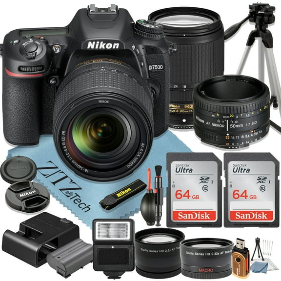 Nikon D7500 DSLR Camera with 18-140mm + AF FX 50mm Lens + 2 Pcs SanDisk 64GB Memory Cards + Tripod + Wideangle + Flash + ZeeTech Accessory Bundle