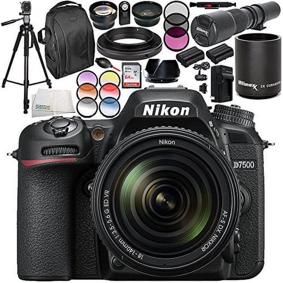 Nikon D7500 DSLR Camera with 18-140mm Lens 19PC Accessory Bundle Includes Ultimaxx 500mm F/8.0 Multi Coated High-Power Preset Telephoto Lens + MORE
