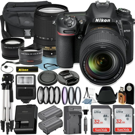 Nikon D7500 DSLR Camera with 18-140mm Lens + 2pcs SanDisk 32GB Memory Card + Case + Tripod + UV Filter + A-Cell Accessory Bundle