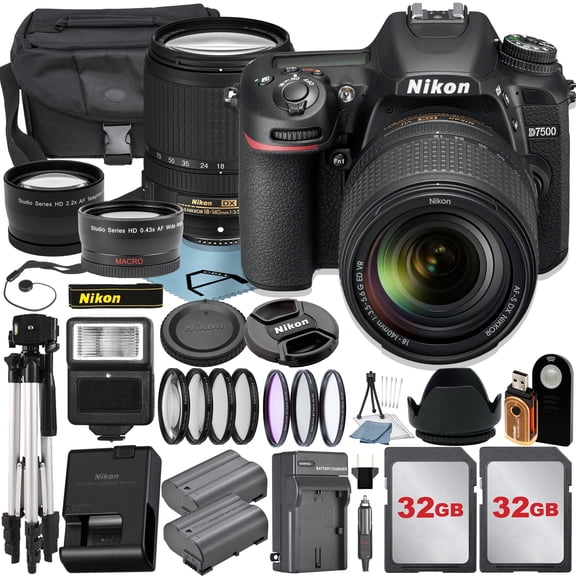 Nikon D7500 DSLR Camera with 18-140mm Lens + 2pcs 32GB Memory Card + Case + Tripod + UV Filter + A-Cell Accessory Bundle (International Version)