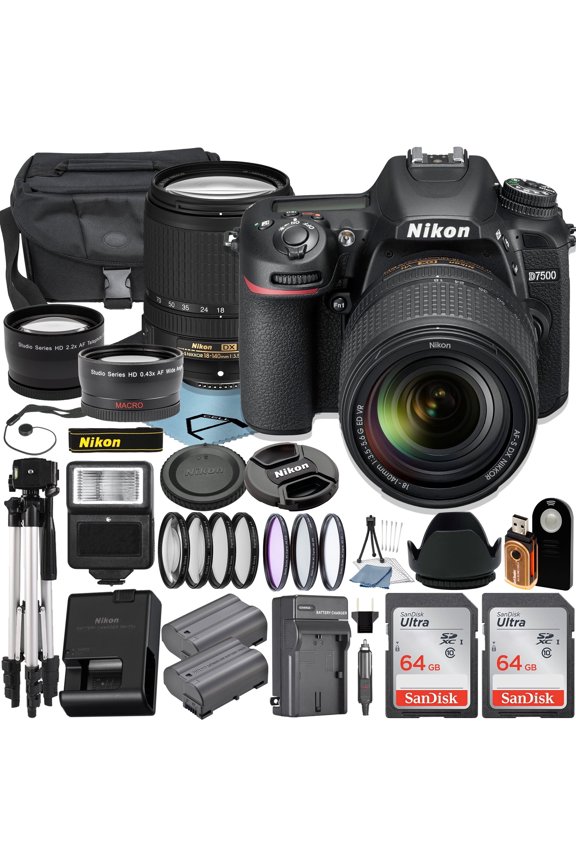 D7500 DSLR Camera with 18-140mm Lens + 2pcs 64GB Memory Card + Case + Tripod + UV Filter + A-Cell Accessory Bundle (International Version)