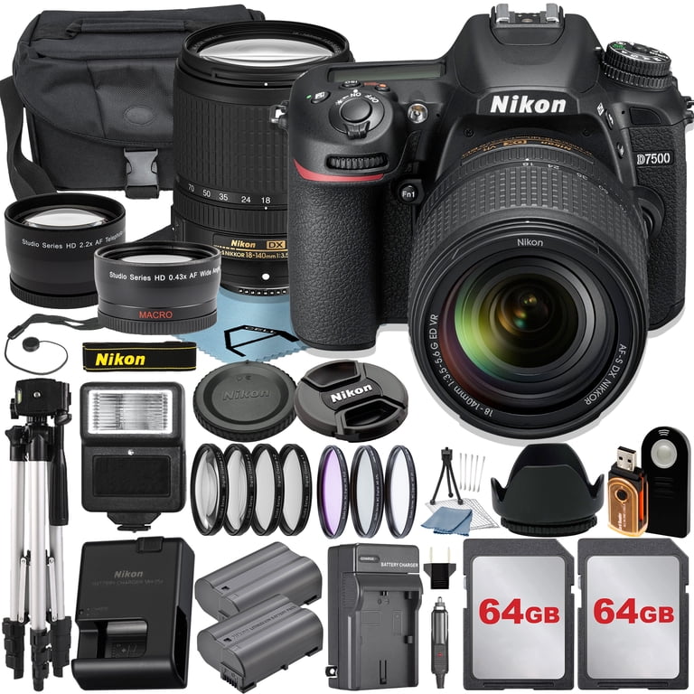 Nikon D7500 DSLR, 18-140mm Lens, 2x SanDisk 64GB, Case, Tripod, UV