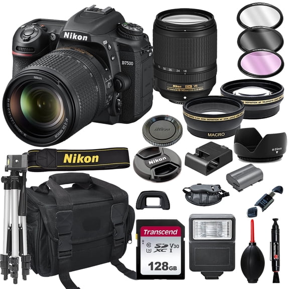 Nikon D7500 DSLR Camera with 18-140mm VR Lens Bundle + 128GB Card, Tripod, Flash, and More 20pc Bundle(International Model)