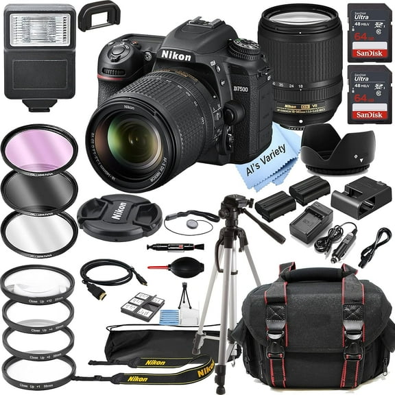 Nikon D7500 DSLR Camera with 18-140mm VR Zoom Lens, 128GB Memory, Case, Tripod, Filters (34pc Bundle) (International Version)