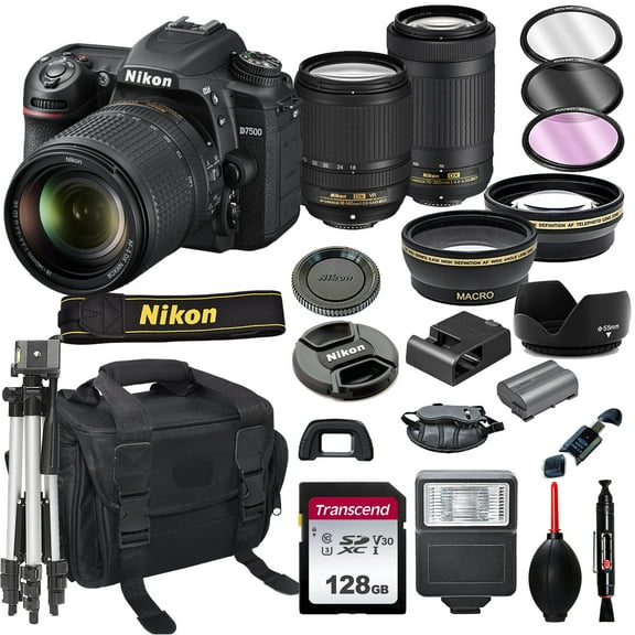 Nikon D7500 DSLR Camera with 18-140mm VR and 70-300mm Lens Bundle + 128GB Card, Tripod, Flash, and More 21pc Bundle