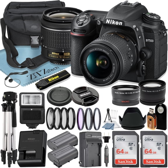 Nikon D7500 DSLR Camera with 18-55mm Lens + 2pcs 64GB Memory Card + Case + Tripod + Wideangle + Telephoto + ZeeTech Accessory Bundle (International Version)