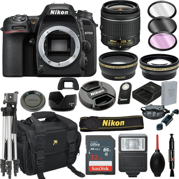 Nikon D7500 DSLR Camera with 18-55mm VR Lens + 32GB Card, Tripod, Flash, and More (20pc Bundle)