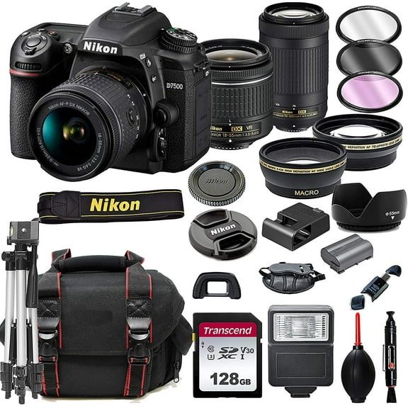 Nikon D7500 DSLR Camera with 18-55mm VR and 70-300mm Lenses + 128GB Card, Tripod, Flash, ALS Variety Lens Cloth, and More