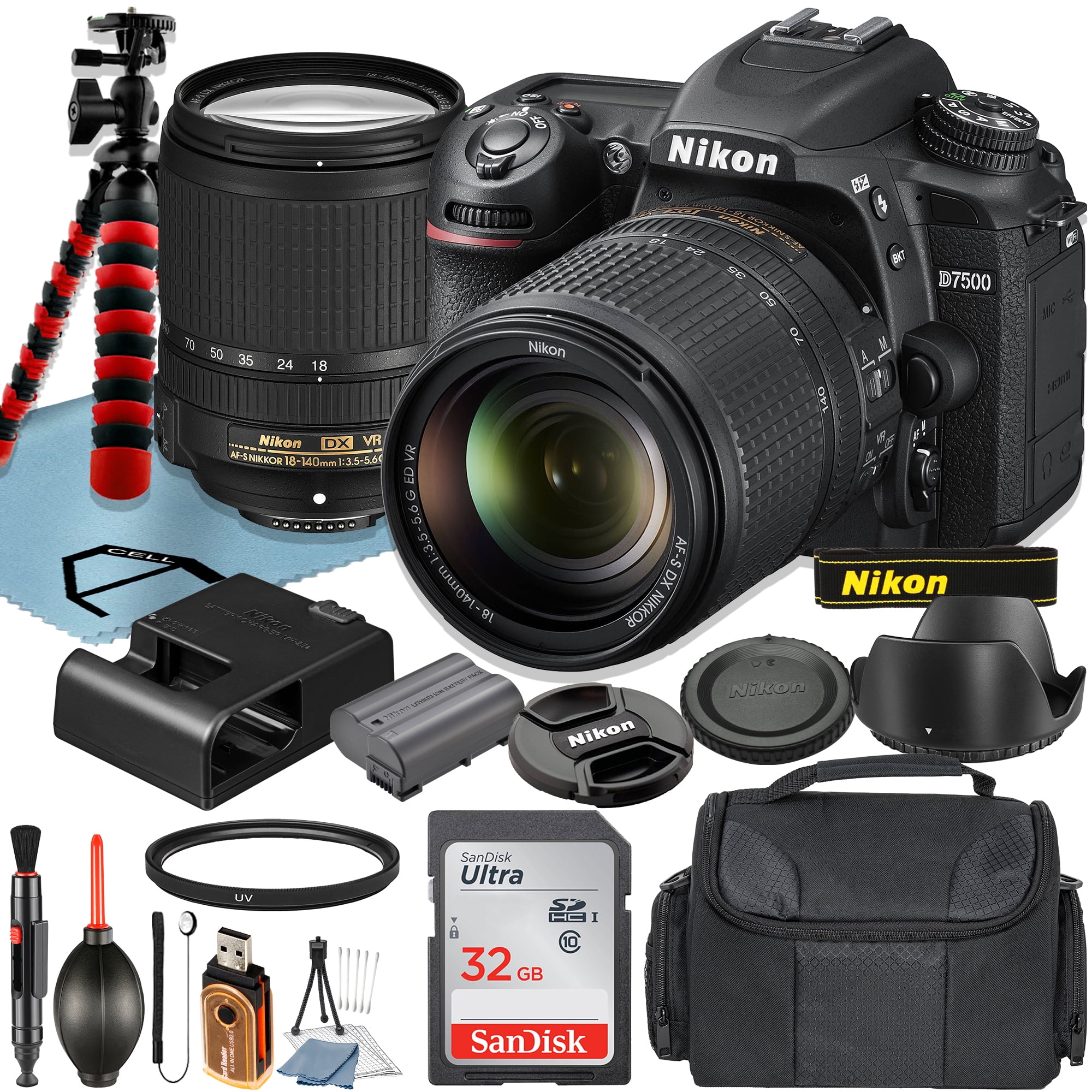 Nikon D7500 DSLR Camera with AF-S 18-140mm VR Lens + SanDisk 32GB Memory  Card + Case + Tripod + UV Filter + A-Cell Accessory Bundle