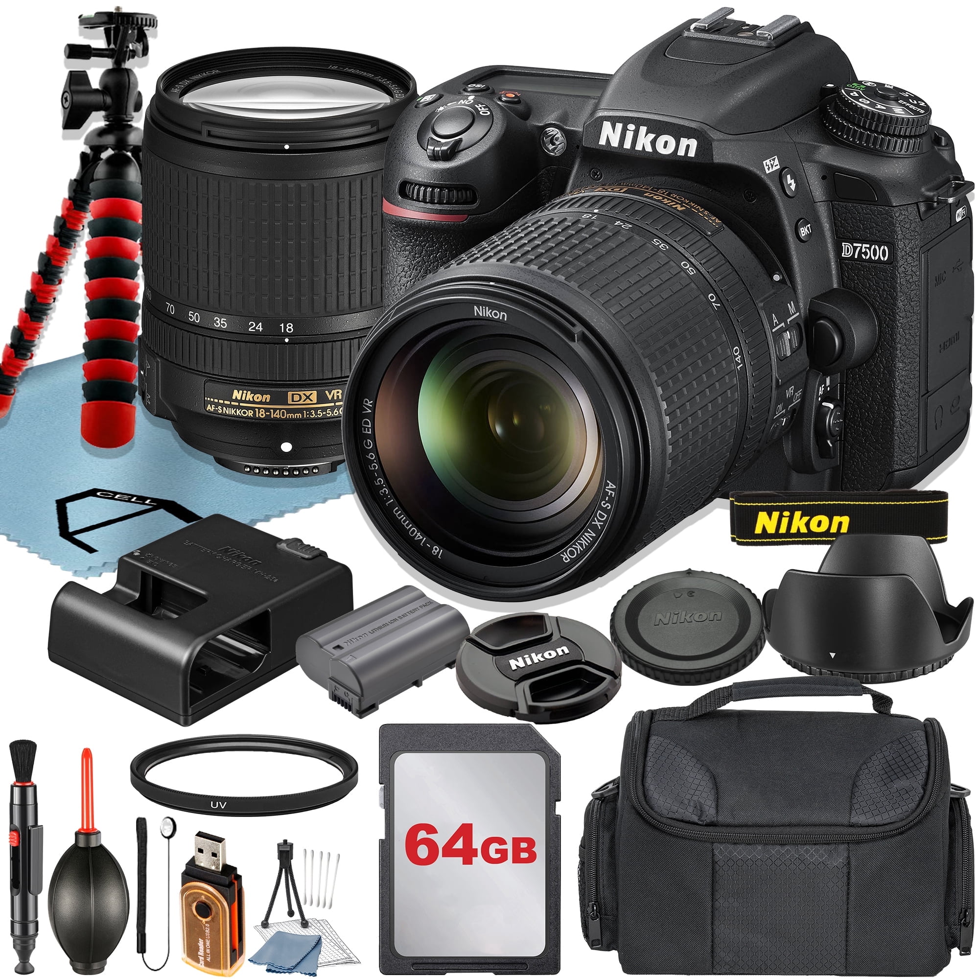 Nikon D7500 DSLR Camera, 18-140mm Lens, 64GB Card, Case, Tripod