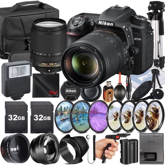 Nikon D7500 DSLR Camera with 18-140mm Lens + 2 Pack 32GB Memory Card + Pistol Grip Tripod + SV Premium Accessory Bundle (International Version)