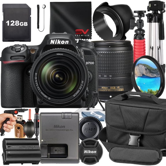 Nikon D7500 DSLR Camera with 18-140mm Lens + 128GB Memory Card + Pistol Grip Tripod + SV Premium Accessory Bundle (International Version)