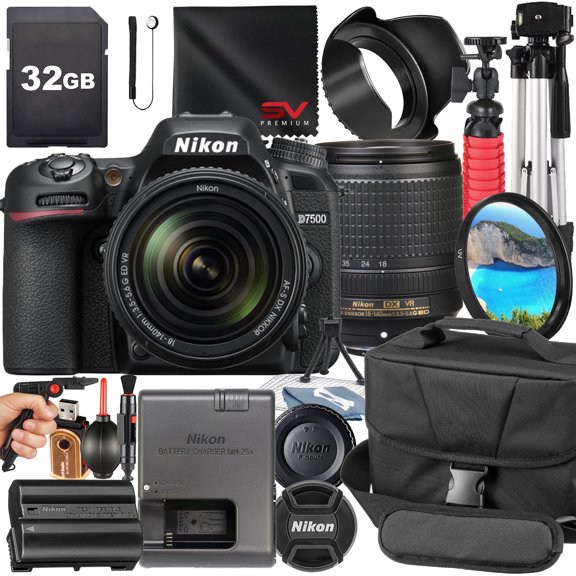 Nikon D7500 DSLR Camera with 18-140mm Lens + 32GB Memory Card + Pistol Grip Tripod + SV Premium Accessory Bundle (International Version)