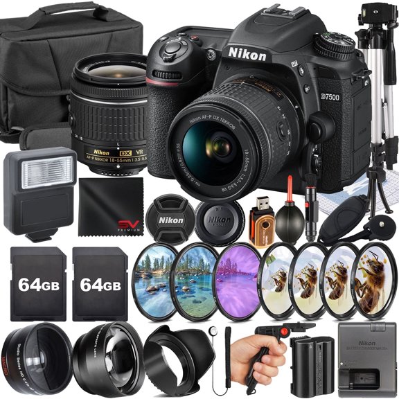 Nikon D7500 DSLR Camera with 18-55mm Lens + 2 Pack 64GB Memory Card + Pistol Grip Tripod + SV Premium Accessory Bundle (International Version)