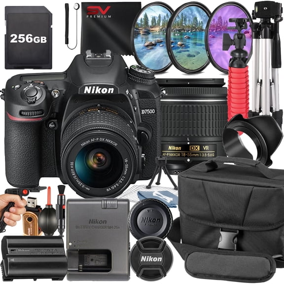 Nikon D7500 DSLR Camera with 18-55mm Lens + 256GB Memory Card + Pistol Grip Tripod + SV Premium Accessory Bundle (International Version)