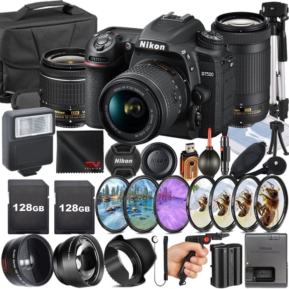 Nikon D7500 DSLR Camera with 70-300mm Lens + 2 Pack 128GB Memory Card + Pistol Grip Tripod + SV Premium Accessory Bundle (International Version)