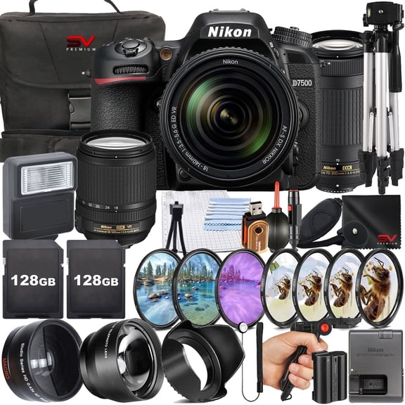 Nikon D7500 DSLR Camera with 70-300mm Lens + 2 Pack 128GB Memory Card + Pistol Grip Tripod + SV Premium Accessory Bundle (International Version)