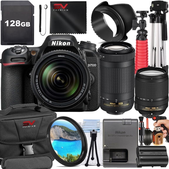 Nikon D7500 DSLR Camera with 70-300mm Lens + 128GB Memory Card + Pistol Grip Tripod + SV Premium Accessory Bundle (International Version)