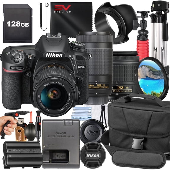 Nikon D7500 DSLR Camera with 70-300mm Lens + 128GB Memory Card + Pistol Grip Tripod + SV Premium Accessory Bundle (International Version)