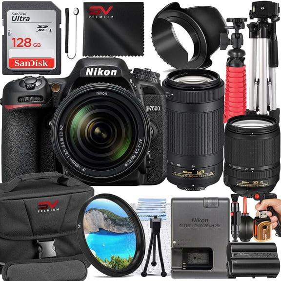 Nikon D7500 Mirrorless Camera with 70-300mm Lens + SanDisk 128GB Memory Card + Pistol Grip Tripod + SV Premium Accessory Bundle (International Version)