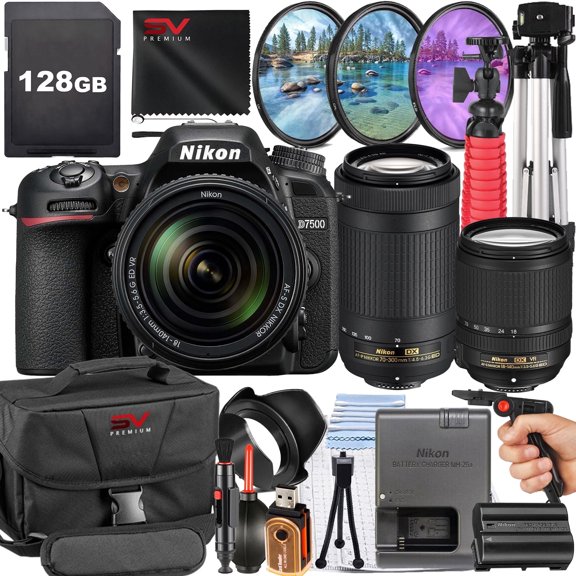 Nikon D7500 DSLR Camera with 70-300mm Lens + 128GB Memory Card + Pistol Grip Tripod + SV Premium Accessory Bundle (International Version)