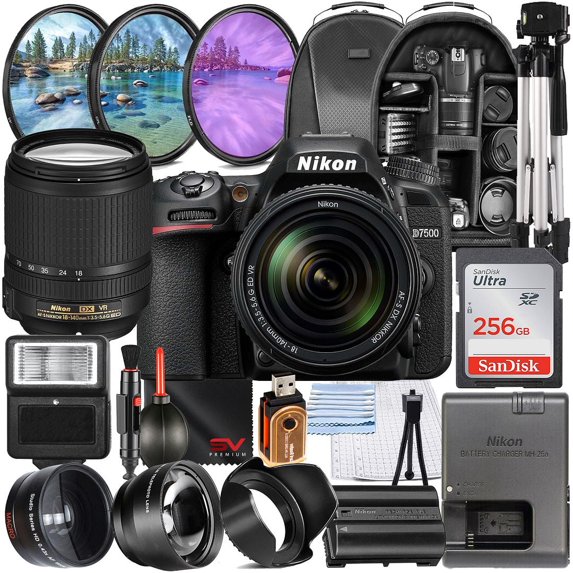 Nikon D7500 Mirrorless Camera with 18-140mm Lens + SanDisk 256GB Memory Card + Full Size Tripod + SV Premium Accessory Bundle (International Version)
