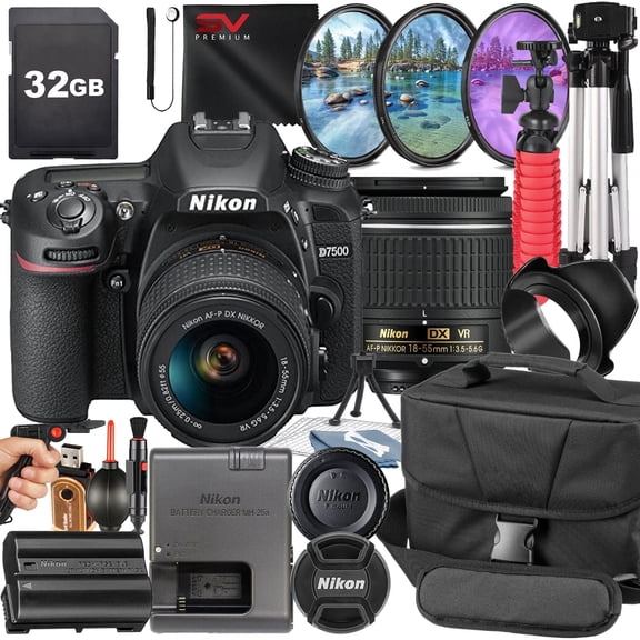 Nikon D7500 DSLR Camera with 18-55mm Lens + 32GB Memory Card + Pistol Grip Tripod + SV Premium Accessory Bundle (International Version)