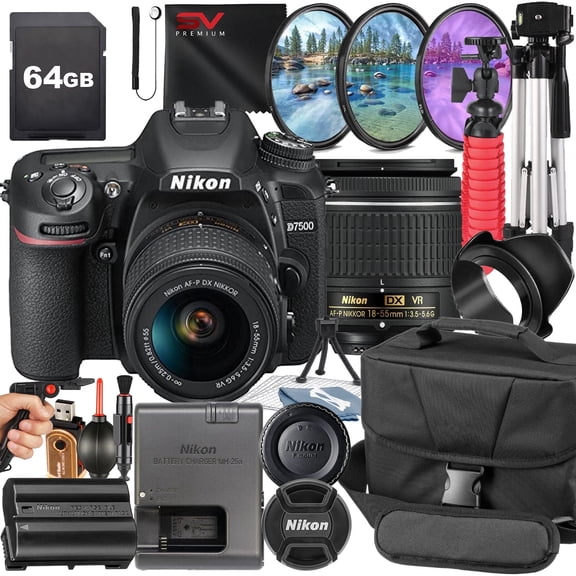 Nikon D7500 DSLR Camera with 18-55mm Lens + 64GB Memory Card + Pistol Grip Tripod + SV Premium Accessory Bundle (International Version)