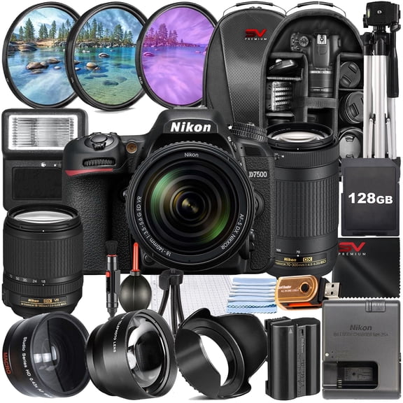 Nikon D7500 DSLR Camera with 70-300mm Lens + 128GB Memory Card + Full Size Tripod + SV Premium Accessory Bundle (International Version)