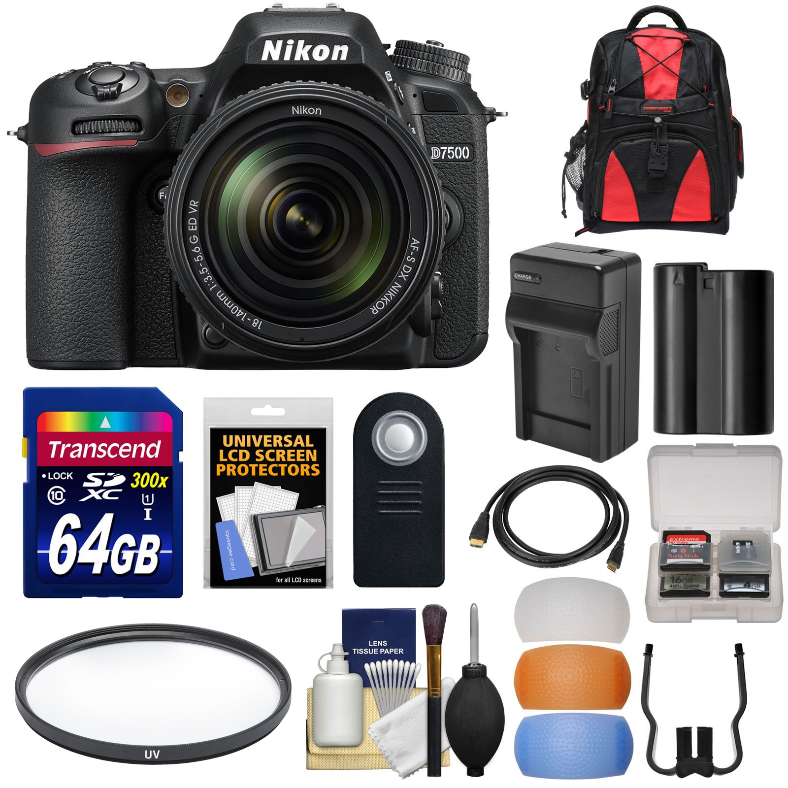Nikon D7500 Wi-Fi 4K Digital SLR Camera & 18-140mm VR DX Lens with 64GB Card + Battery & Charger + Backpack + Filter + Kit - image 1 of 6