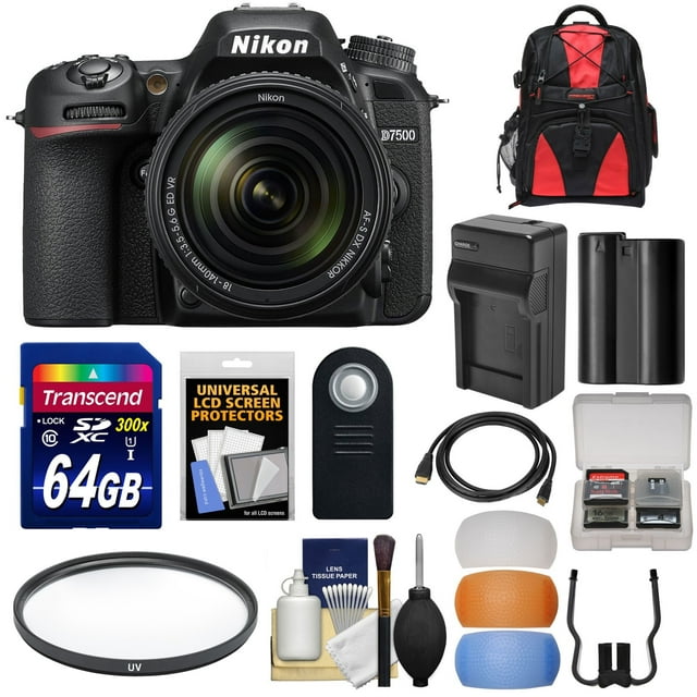 Nikon D7500 Wi-Fi 4K Digital SLR Camera & 18-140mm VR DX Lens with 64GB Card + Battery & Charger + Backpack + Filter + Kit