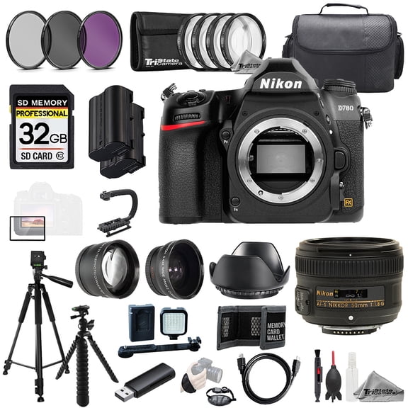 Nikon D780 + AF-S Nikkor 50mm f/1.8G Lens +32GB+Ext Bat+9 PC Filtr-MEGA Kit (International Version)