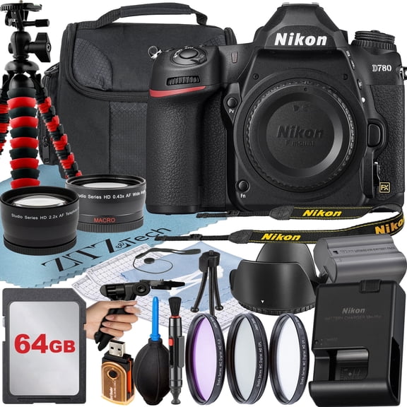 Nikon D780 DSLR Camera (Body Only) with 24.5MP FX-Format BSI CMOS Sensor + 64GB Card + Case + 3 Pieces Filter + ZeeTech Accessory Bundle (International Version)