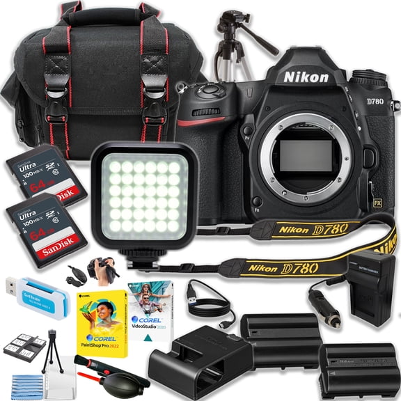 Nikon D780 DSLR Camera (Body Only) + 2pc SanDisk 64Gb Ultra Memory Card + 15 Inch Tripod + Camera Case + More (18pc Bundle)