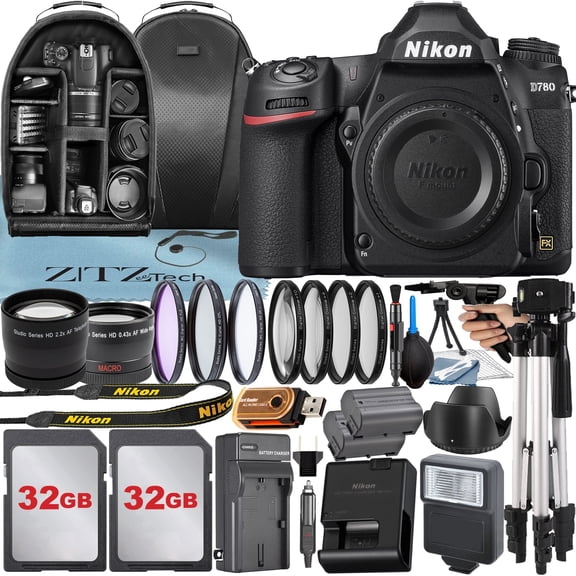 Nikon D780 DSLR Camera (Body Only) with 24.5MP CMOS Sensor + 32GB Card + Case + Telephoto + Tripod + ZeeTech Accessory Bundle (International Version)