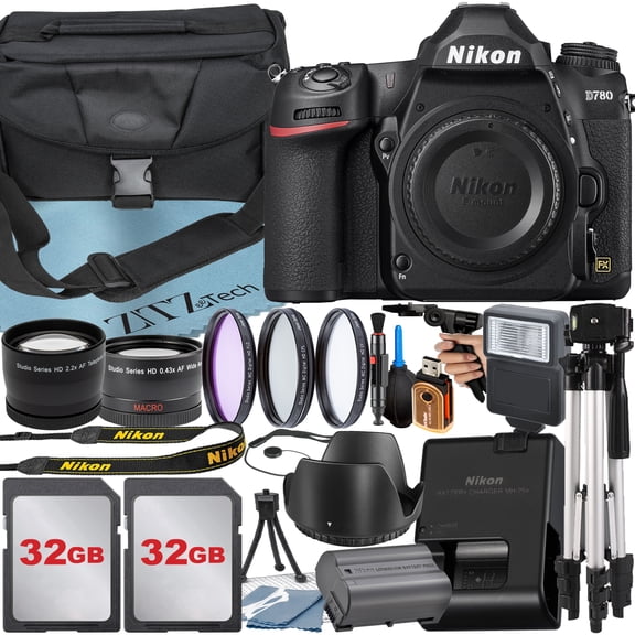 Nikon D780 DSLR Camera (Body Only) with 24.5MP CMOS Sensor + 32GB Card + Case + Wideangle + Tripod + ZeeTech Accessory Bundle (International Version)