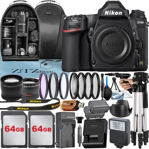 Nikon D780 DSLR Camera (Body Only) with 24.5MP CMOS Sensor + 64GB Card + Case + Telephoto + Tripod + ZeeTech Accessory Bundle (International Version)