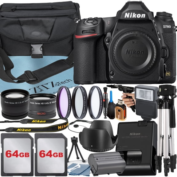Nikon D780 DSLR Camera (Body Only) with 24.5MP CMOS Sensor + 64GB Card + Case + Wideangle + Tripod + ZeeTech Accessory Bundle (International Version)