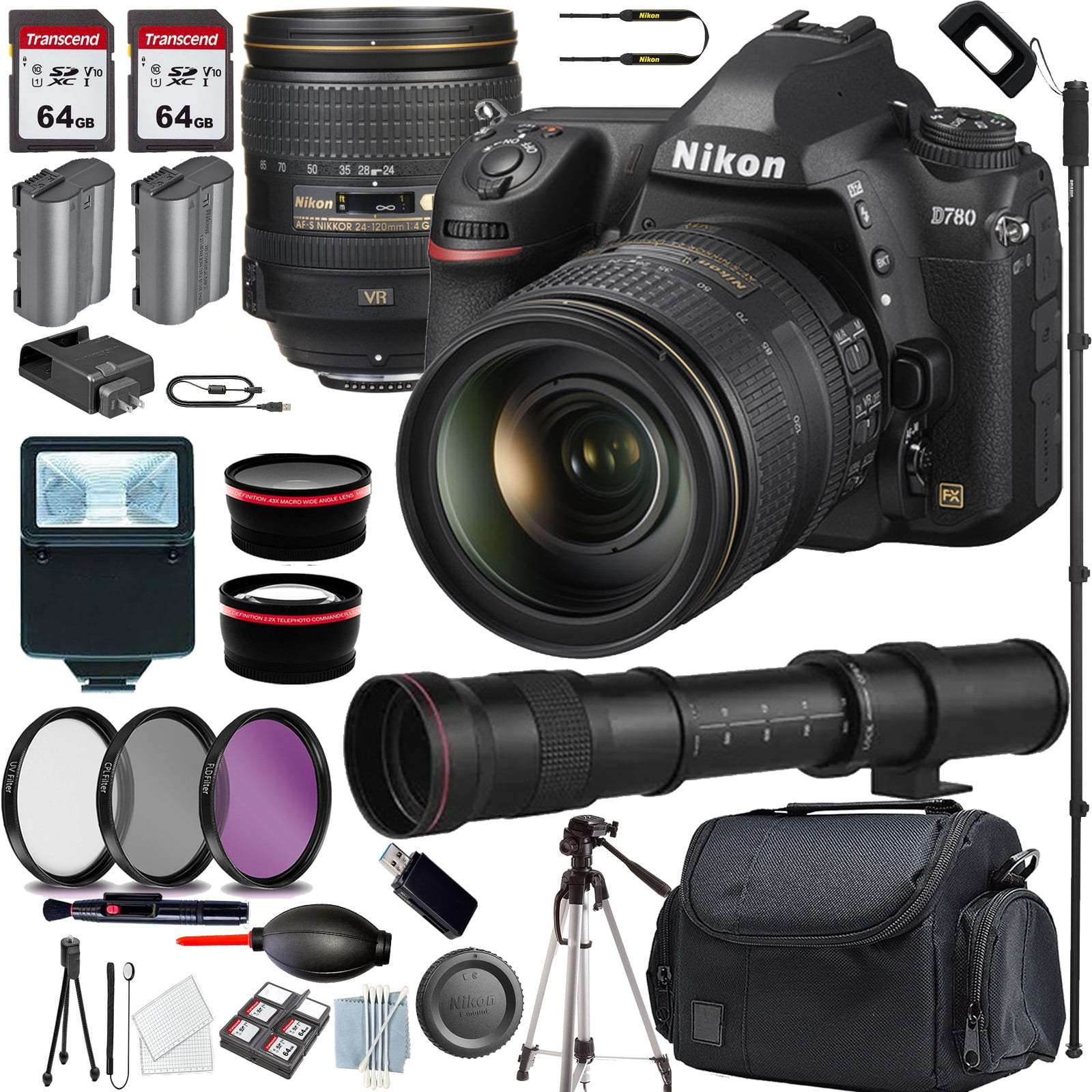 Nikon D780 DSLR Camera with 24-120mm Lens+420-800mm f/8.3 HD Telephoto Zoom Lens+Case+128 GIG Memory+Flash+Monopod(13PC)Bundle
