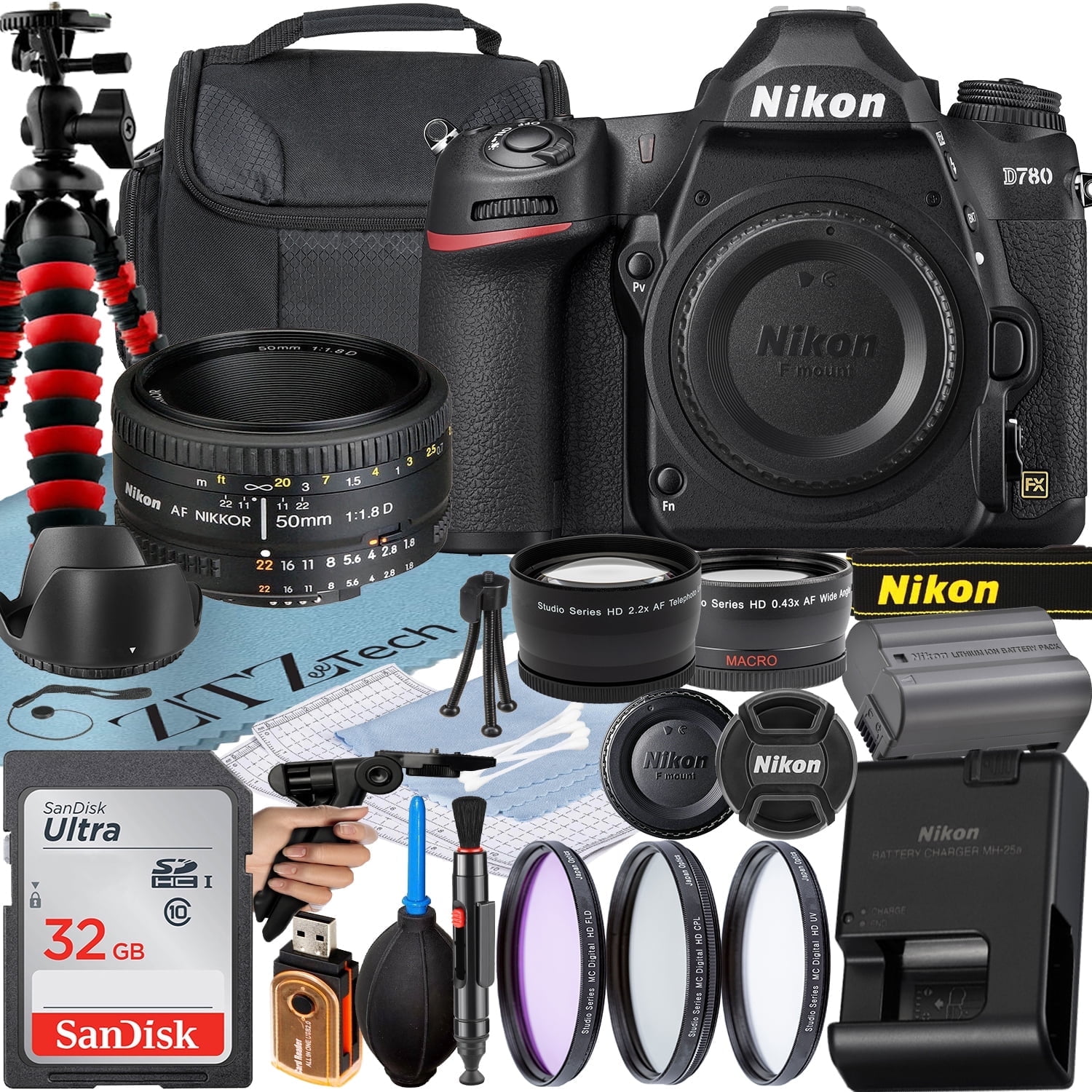 Nikon D780 DSLR Camera with AF NIKKOR 50mm f/1.8D Lens + SanDisk 32GB Card + Case + 3 Pieces Filter + Flash + ZeeTech Accessory Bundle