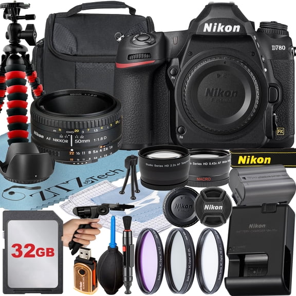 Nikon D780 DSLR Camera with AF NIKKOR 50mm f/1.8D Lens + 32GB Card + Case + 3 Pieces Filter + ZeeTech Accessory Bundle (International Version)