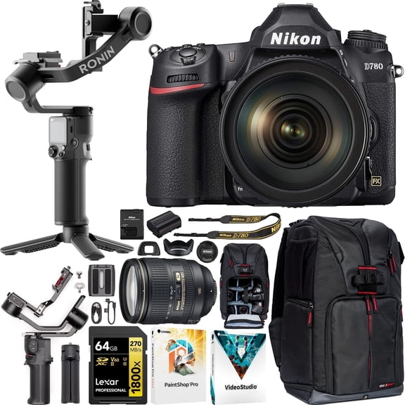 Nikon D780 Full Frame DSLR 4K FX Format Camera Body + 24-120mm F4G ED VR Lens 1619 Filmmaker's Bundle with DJI RS 3 Mini Gimbal Stabilizer Kit + Deco Gear Photography Backpack + 64GB Card & Software
